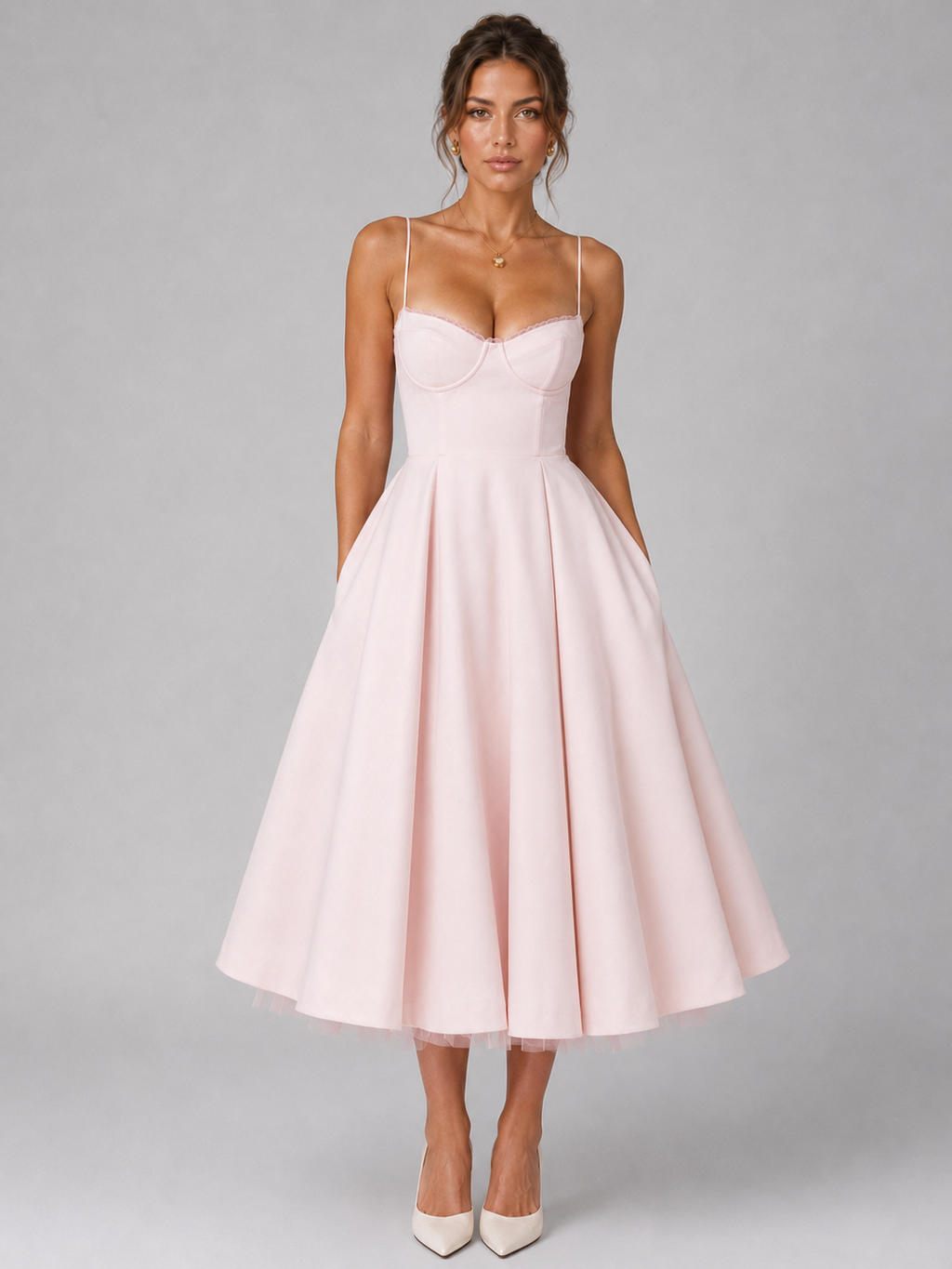 Pink corset bodice midi dress with sweetheart neckline, thin straps, full flared skirt.