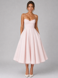 Pink corset bodice midi dress with sweetheart neckline, thin straps, full flared skirt.