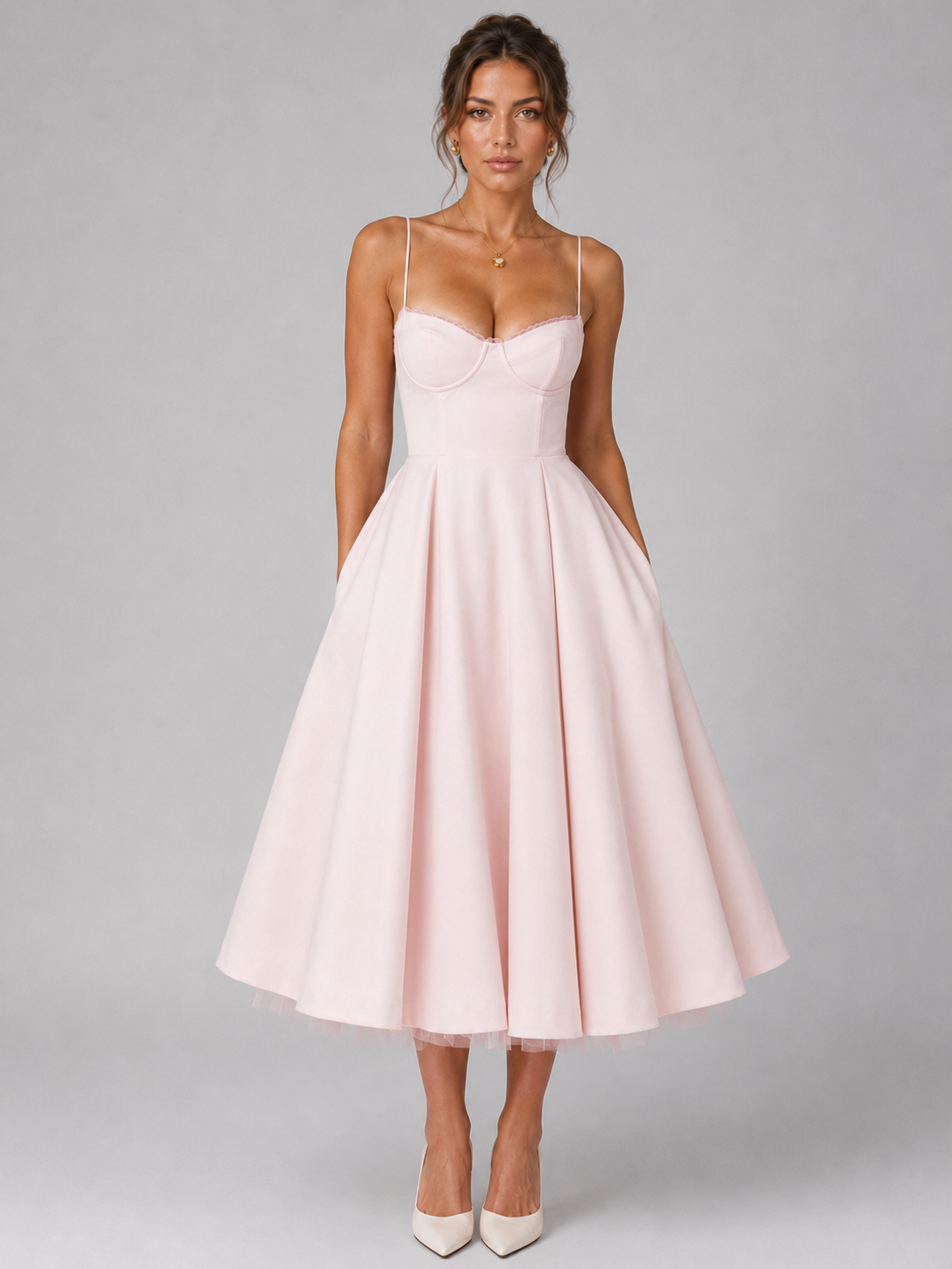 Pink corset bodice midi dress with sweetheart neckline, thin straps, full flared skirt.