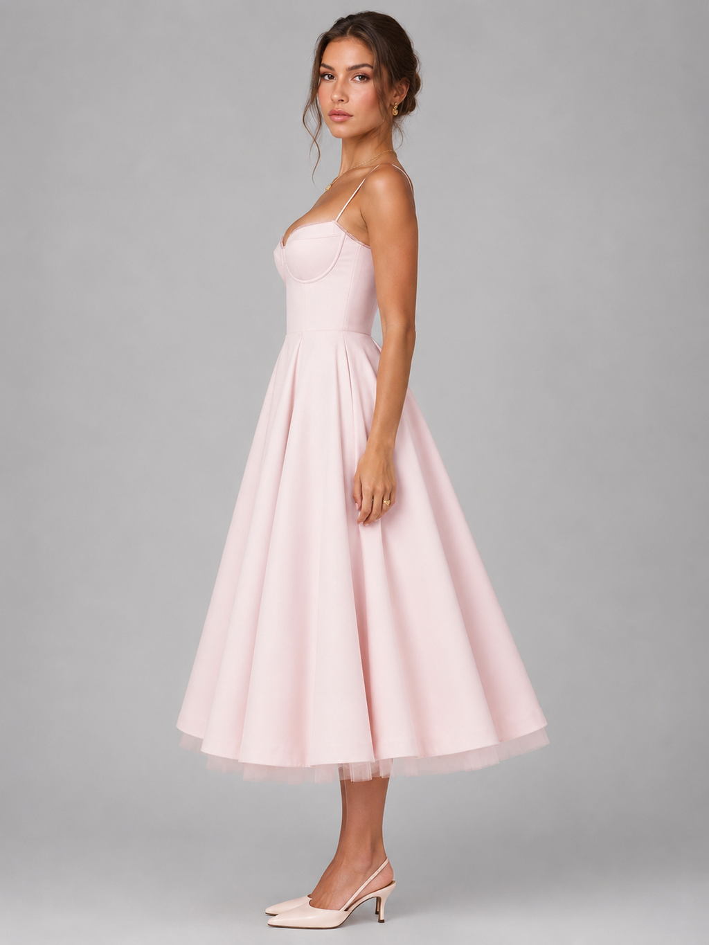 Pale pink corset bodice midi dress with sweetheart neckline and full flared skirt.