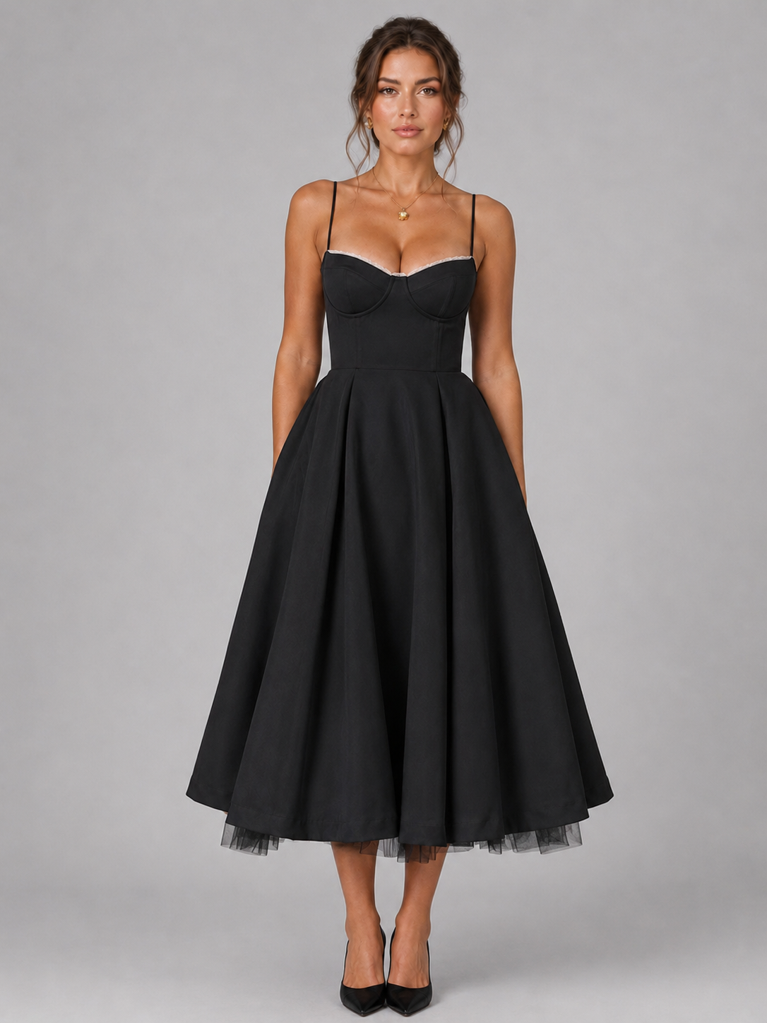 Black corset bodice midi dress with sweetheart neckline and full flared skirt, thin straps.