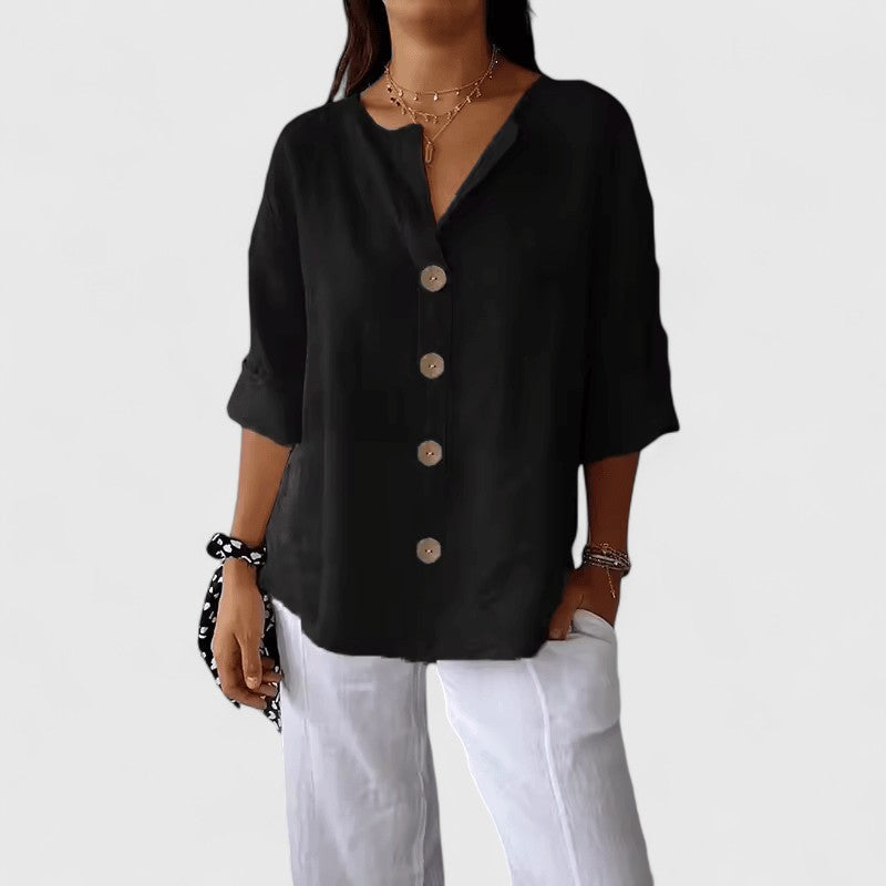 Black women's V-neck button-front blouse, relaxed fit, short sleeves with bronze buttons