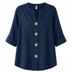Navy denim-look V-neck button-front blouse with relaxed fit, short sleeves, bronze buttons