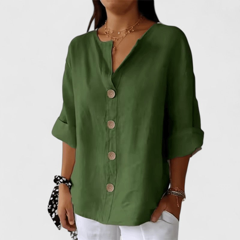 Green women's V-neck button-front blouse, relaxed fit, short sleeves with bronze buttons