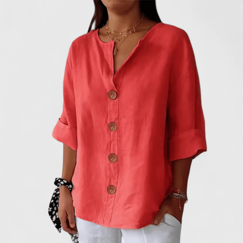 Red women's V-neck button-front blouse, relaxed fit, short sleeves with bronze buttons