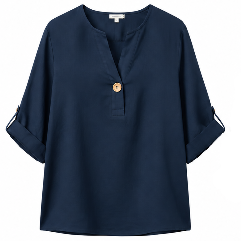 Navy blue cotton V-neck blouse, single front button, three-quarter sleeves