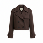 Women's cropped trench jacket, dark brown with double-breasted buttons and flap pockets