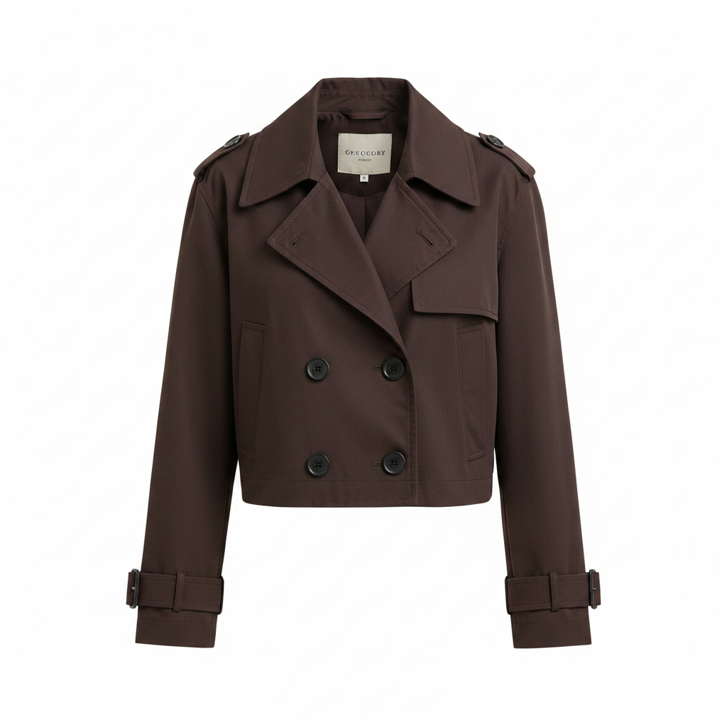 Women's cropped trench jacket, dark brown with double-breasted buttons and flap pockets