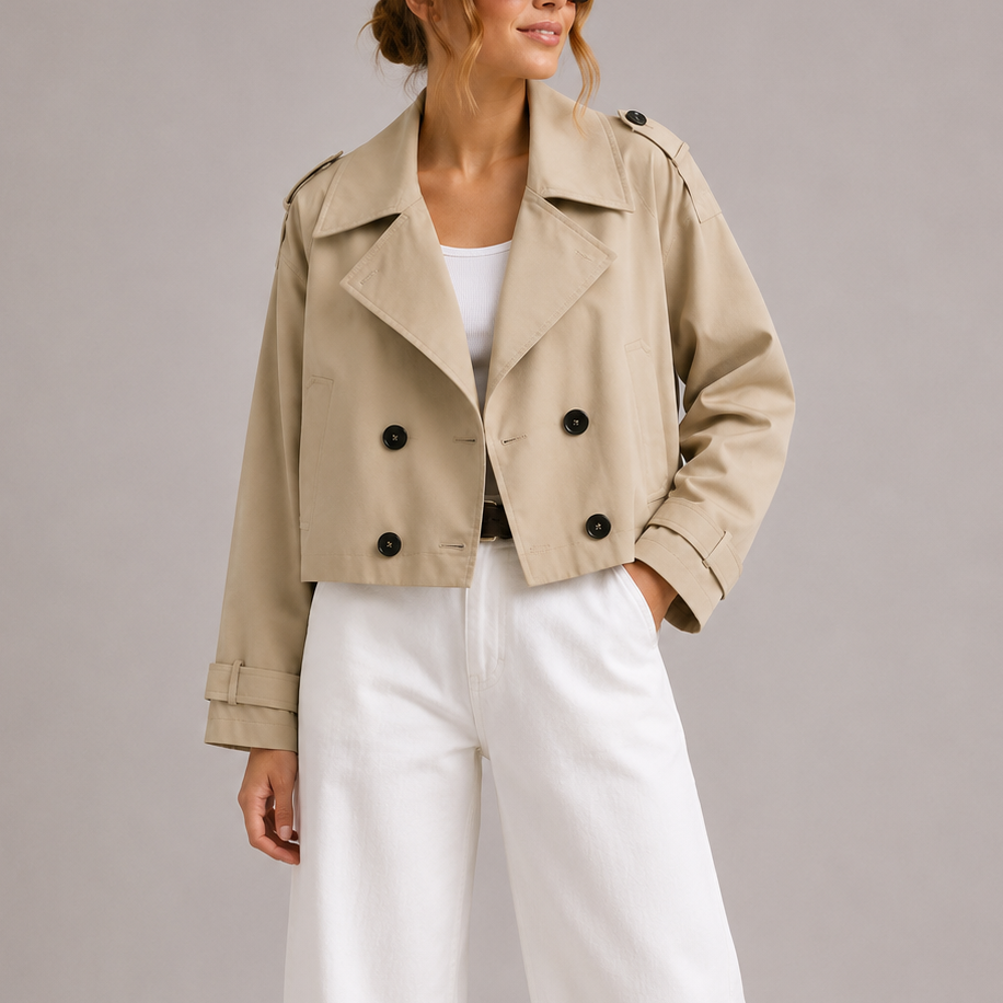 Women's cropped trench jacket, beige with double-breasted buttons and flap pockets