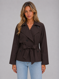 Cropped dark brown double-breasted trench jacket, tie waist, button flap pockets