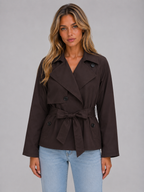 Cropped dark brown double-breasted trench jacket, tie waist, button flap pockets