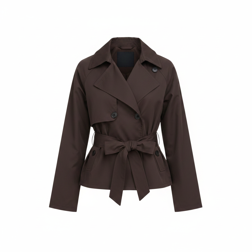 Women's Cropped Double Breasted Trench Jacket Tie Waist Structured Lapel Coat