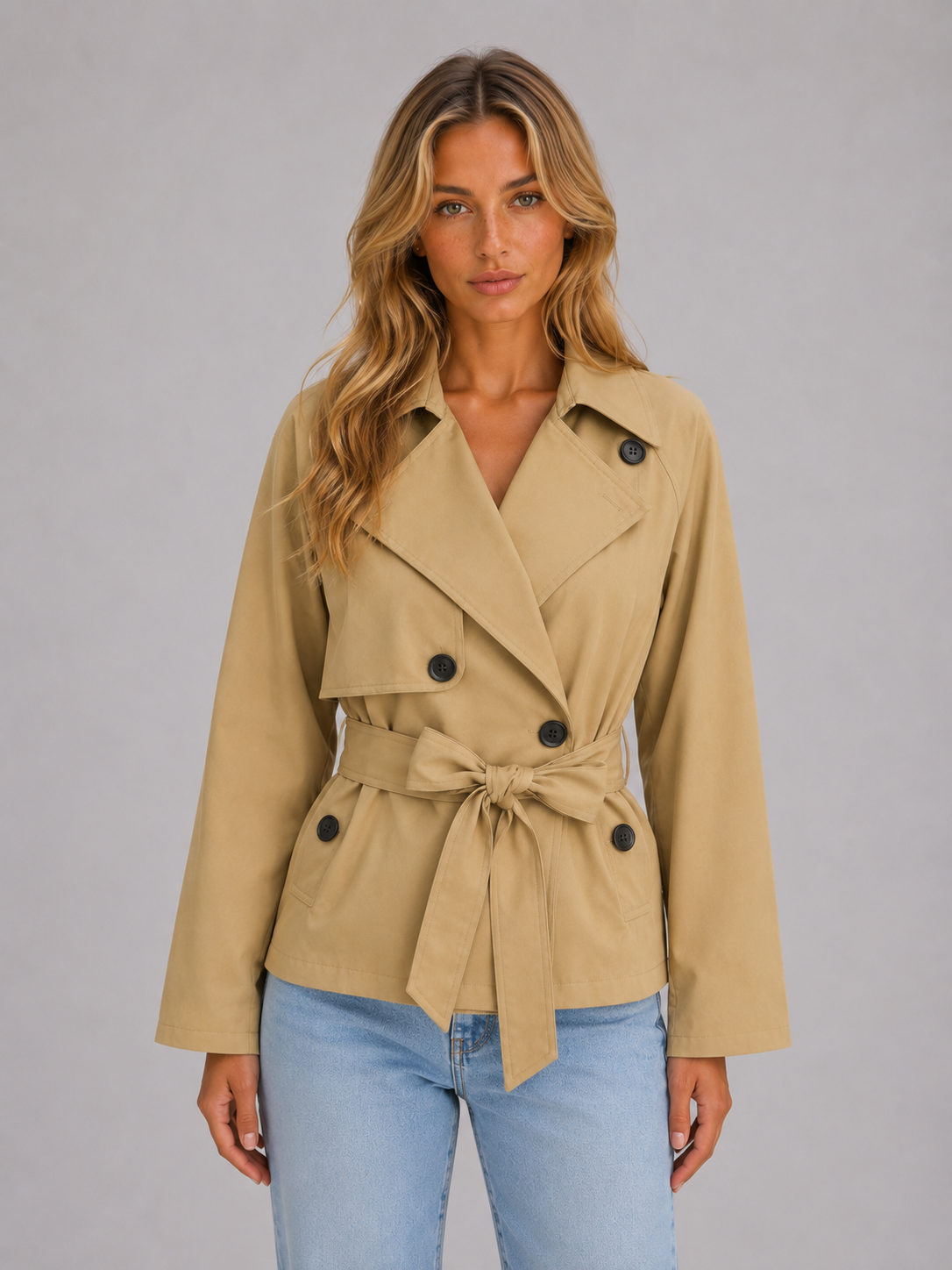 Cropped beige double-breasted trench jacket with tie waist and button flap pockets