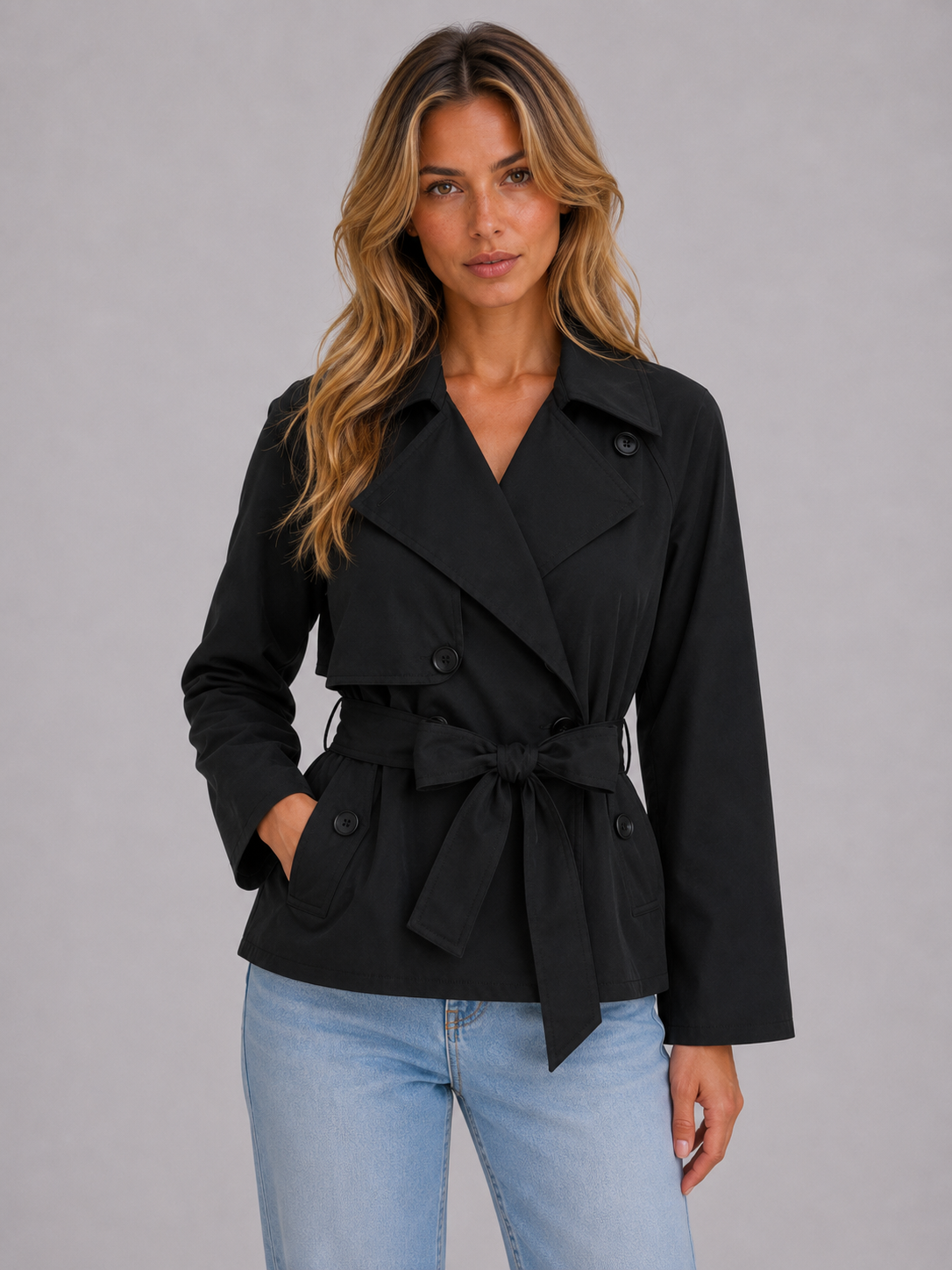 Cropped black double-breasted trench jacket with tie waist and buttoned flap pockets