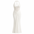 White halter V-neck maxi dress, ruched slim fit, sleeveless evening gown