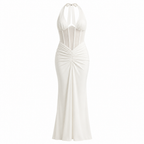 White halter V-neck maxi dress, ruched slim fit, sleeveless evening gown