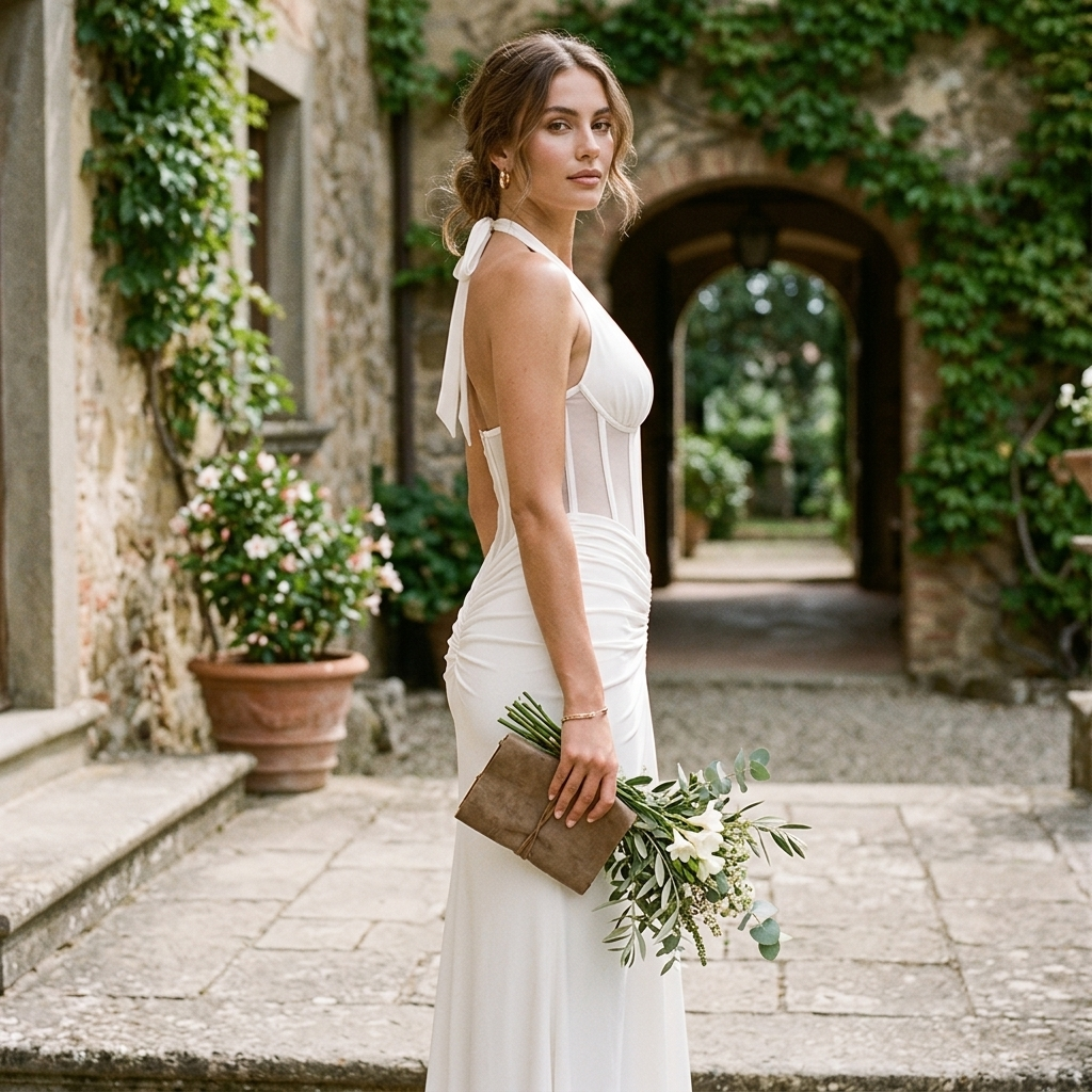 White sleeveless halter maxi dress with draped ruched bodice, V neckline, side view