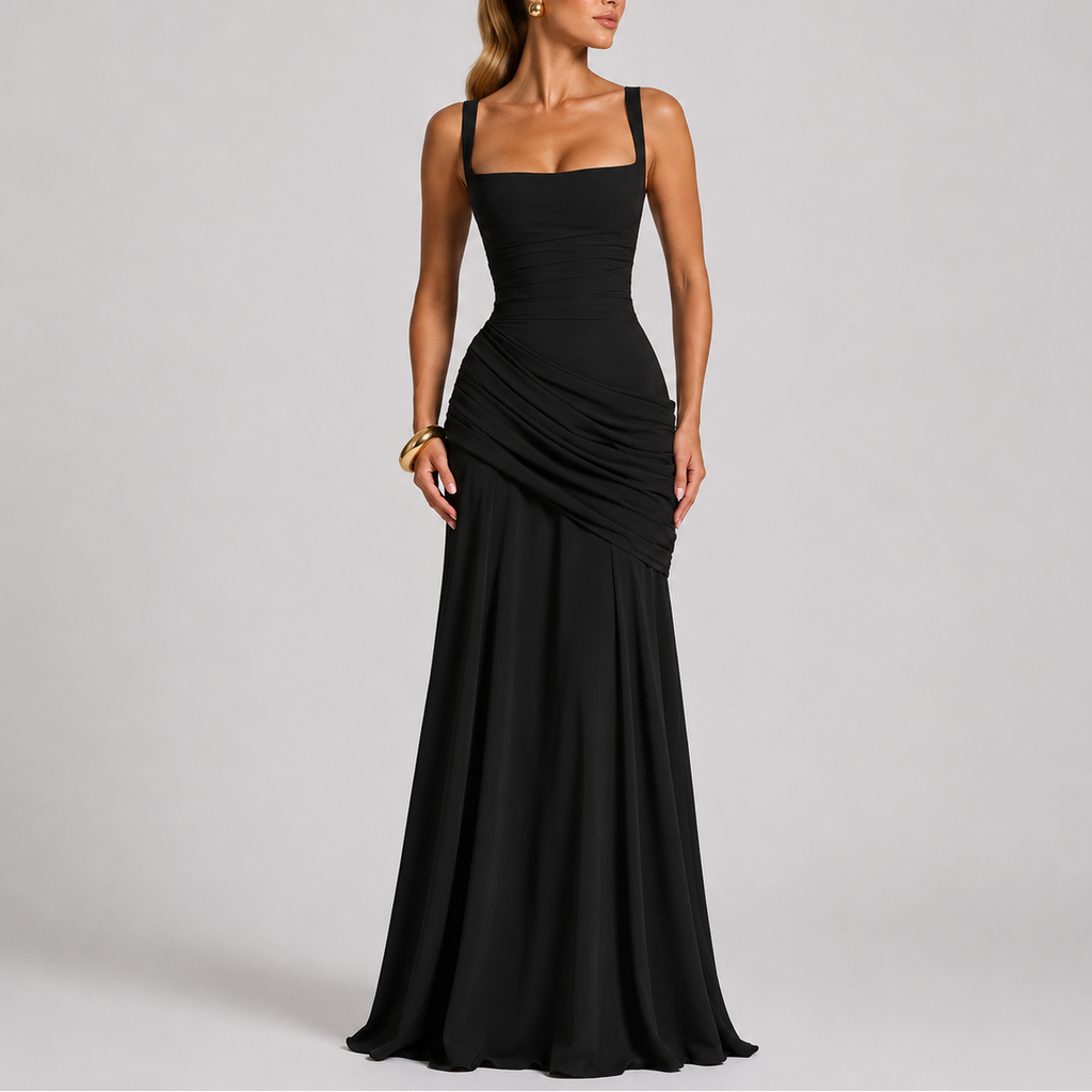 Women’s ruched square-neck maxi evening dress, sleeveless black fitted silhouette