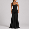 Women’s ruched square-neck maxi evening dress, sleeveless black fitted silhouette
