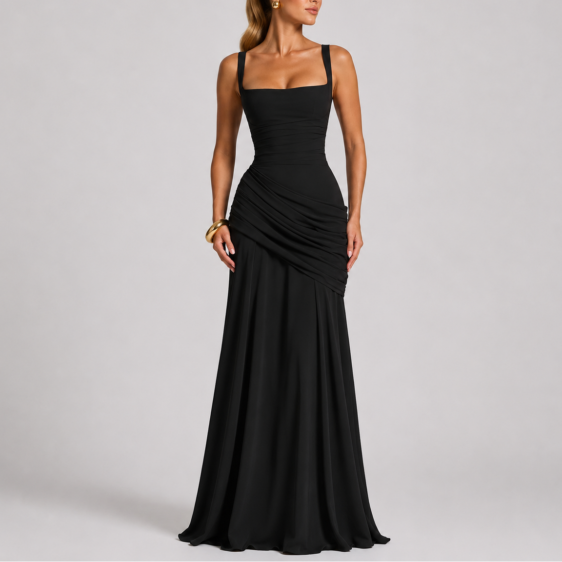 Women’s ruched square-neck maxi evening dress, sleeveless black fitted silhouette
