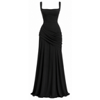 Black ruched square-neck maxi evening dress with fitted bodice and draped skirt