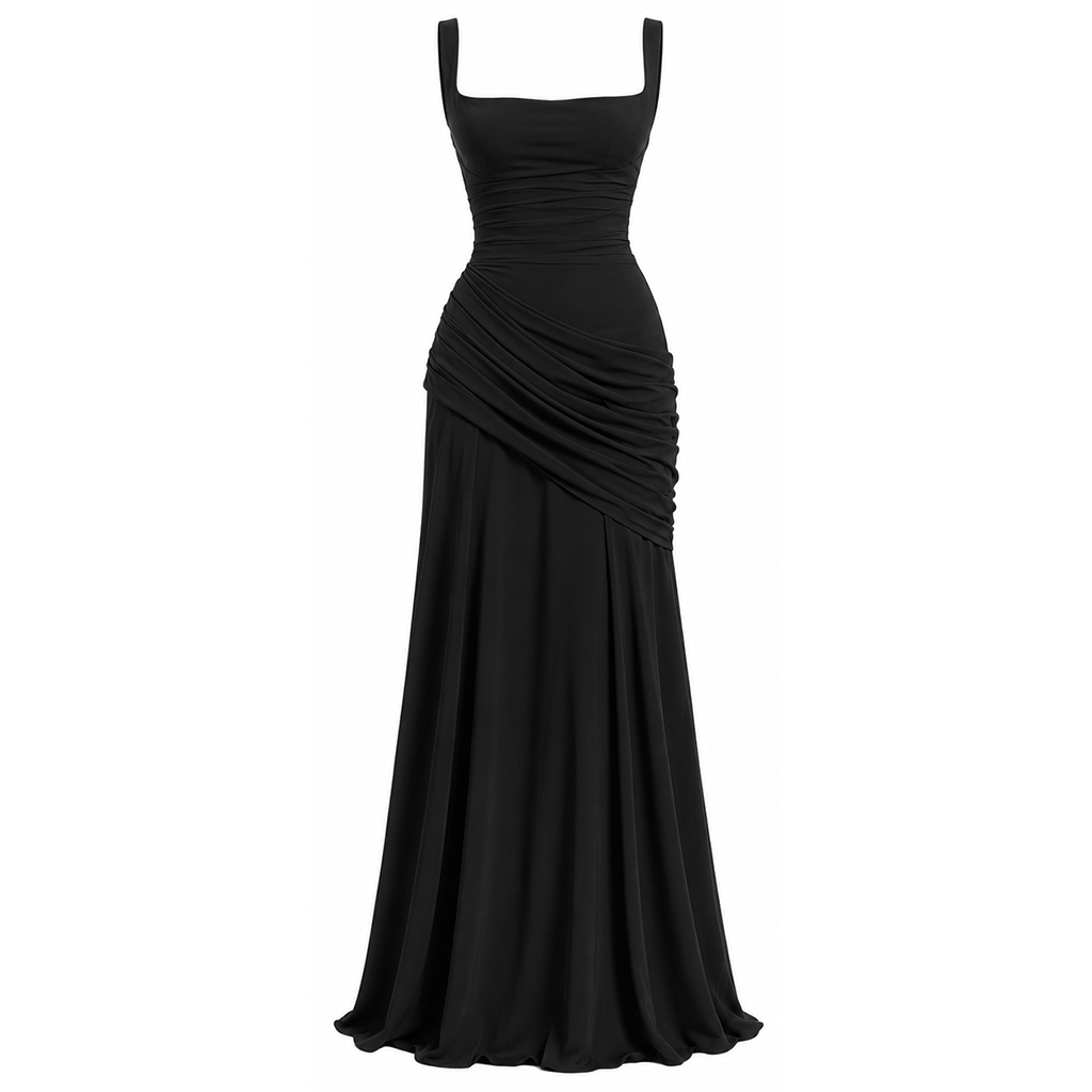 Black ruched square-neck maxi evening dress with fitted bodice and draped skirt