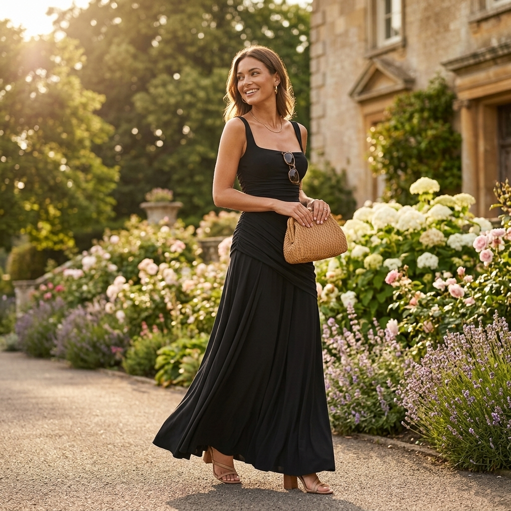 Black sleeveless ruched square-neck maxi evening dress with fitted silhouette