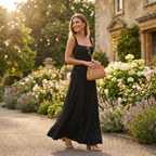 Black sleeveless ruched square-neck maxi evening dress with fitted silhouette