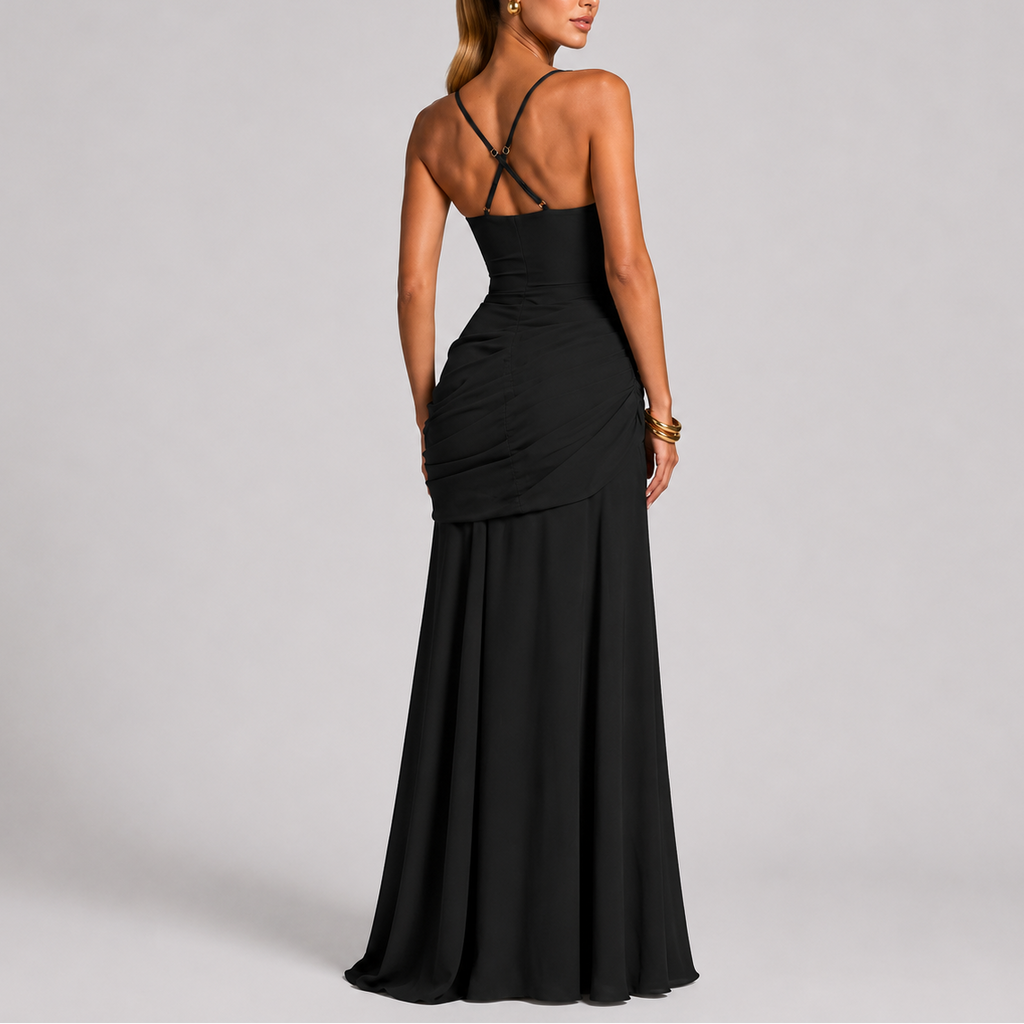 Black ruched square-neck maxi evening dress with fitted silhouette and draped waist