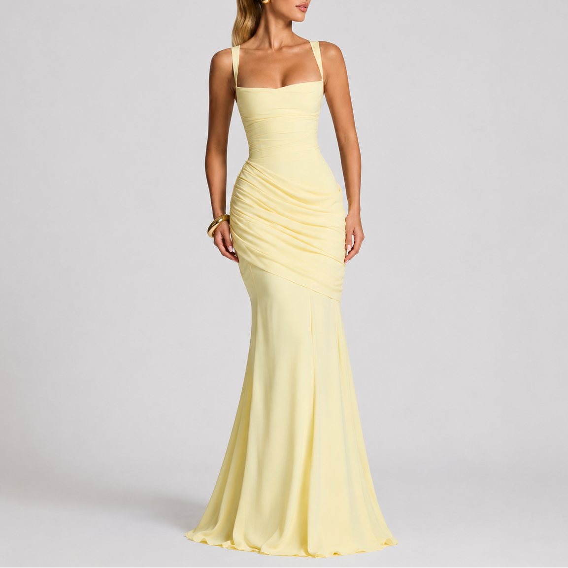 Yellow ruched square-neck maxi dress with fitted silhouette and thin straps