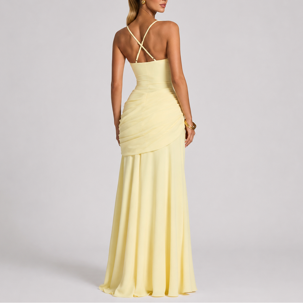 Women's ruched square-neck maxi dress, fitted silhouette, yellow with crisscross back straps