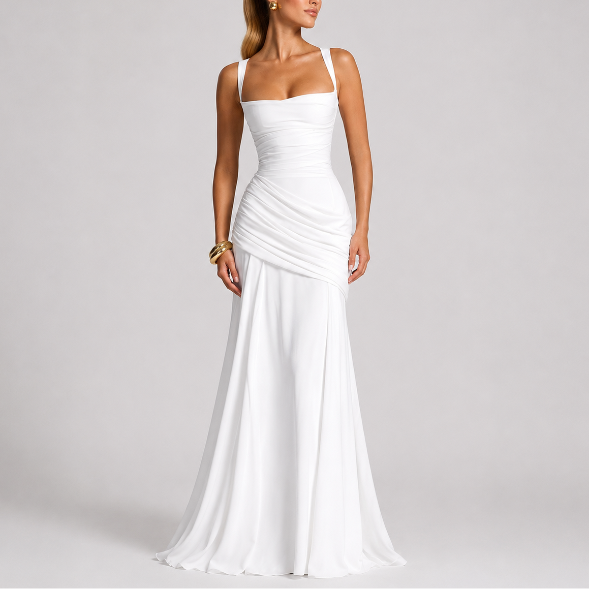White fitted ruched square-neck maxi evening dress with spaghetti straps