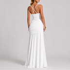 White ruched square-neck maxi evening dress with crisscross back straps, fitted bodice