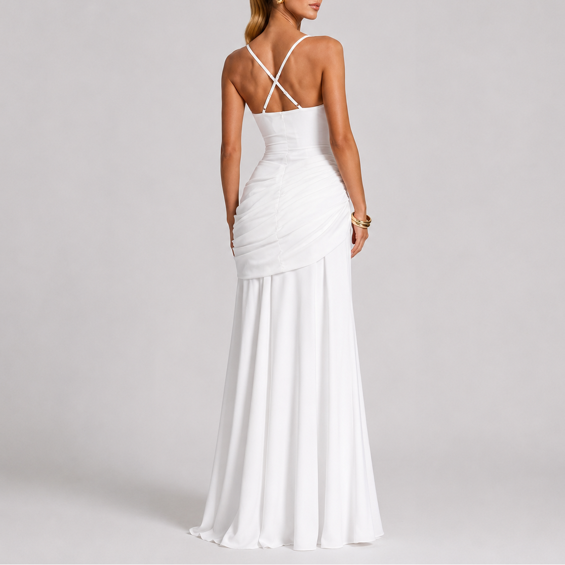 White ruched square-neck maxi evening dress with crisscross back straps, fitted bodice