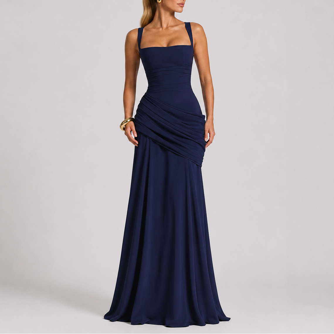 Navy ruched square-neck maxi evening dress with fitted sleeveless silhouette