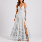 Light blue floral corset maxi dress with adjustable spaghetti straps and tiered ruffles