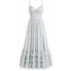Light blue floral corset maxi dress, adjustable spaghetti straps and tiered ruffle skirt