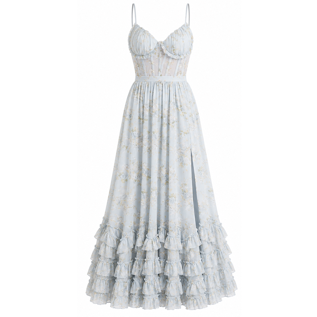 Light blue floral corset maxi dress, adjustable spaghetti straps and tiered ruffle skirt