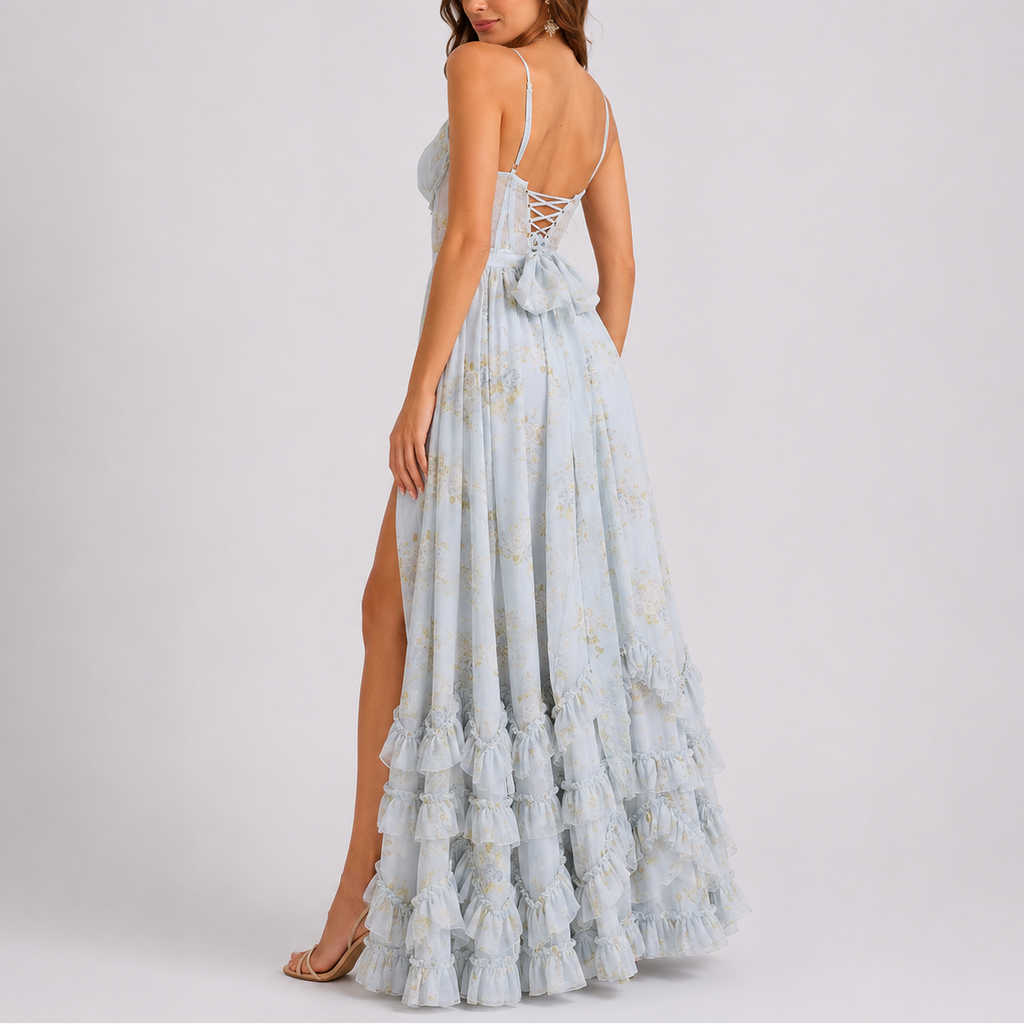 Light blue floral maxi dress, corset back crisscross lace-up, adjustable spaghetti straps