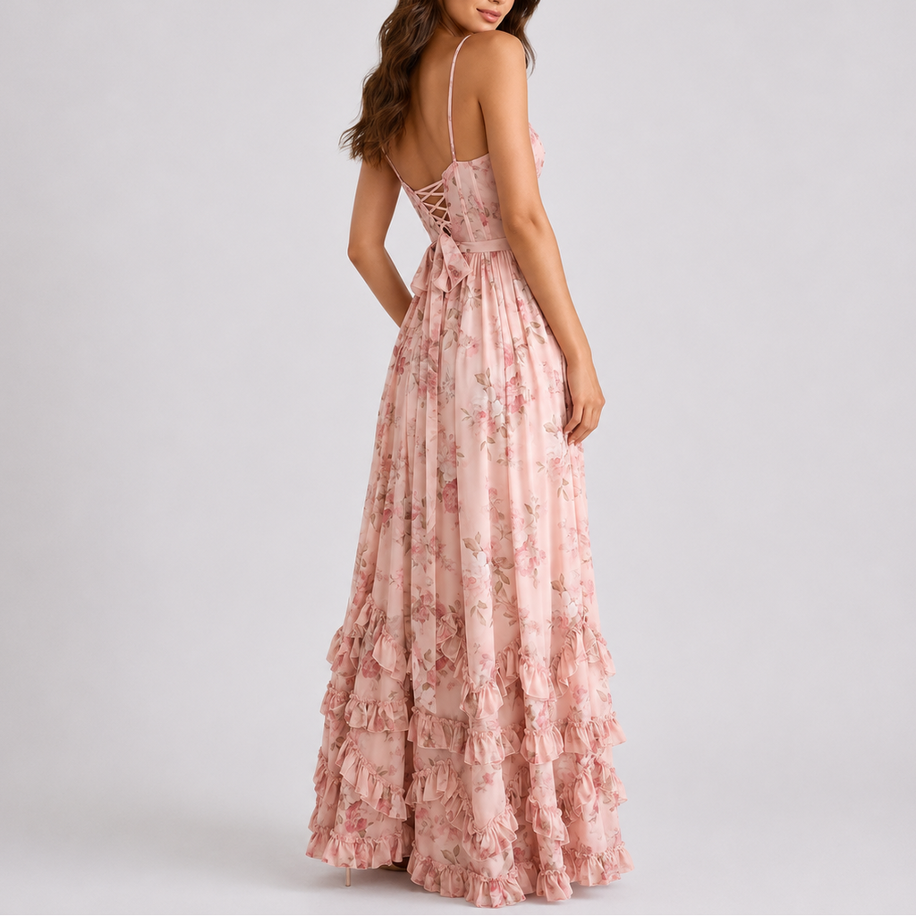 Pink floral corset maxi dress with crisscross back and adjustable spaghetti straps
