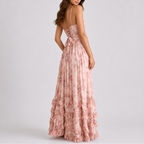 Pink floral corset maxi dress with crisscross back and adjustable spaghetti straps
