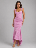 Pink floral corset maxi dress, sleeveless with ruched center and asymmetrical hem