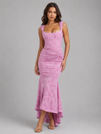 Pink floral corset maxi dress, sleeveless with ruched center and asymmetrical hem