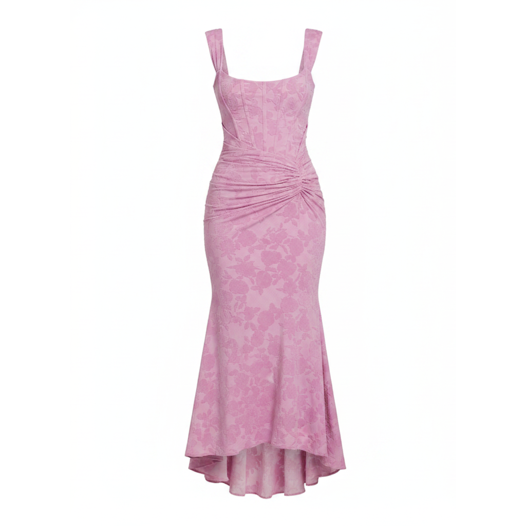 Pink floral corset maxi dress, fitted waist and asym fishtail hem