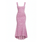Pink floral corset maxi dress, fitted waist and asym fishtail hem