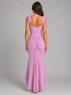 Pink floral corset maxi dress, sleeveless back view with ruched waist and asymmetrical hem