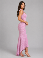 Pink floral corset maxi dress, sleeveless with ruched waist and high-low asymmetrical hem