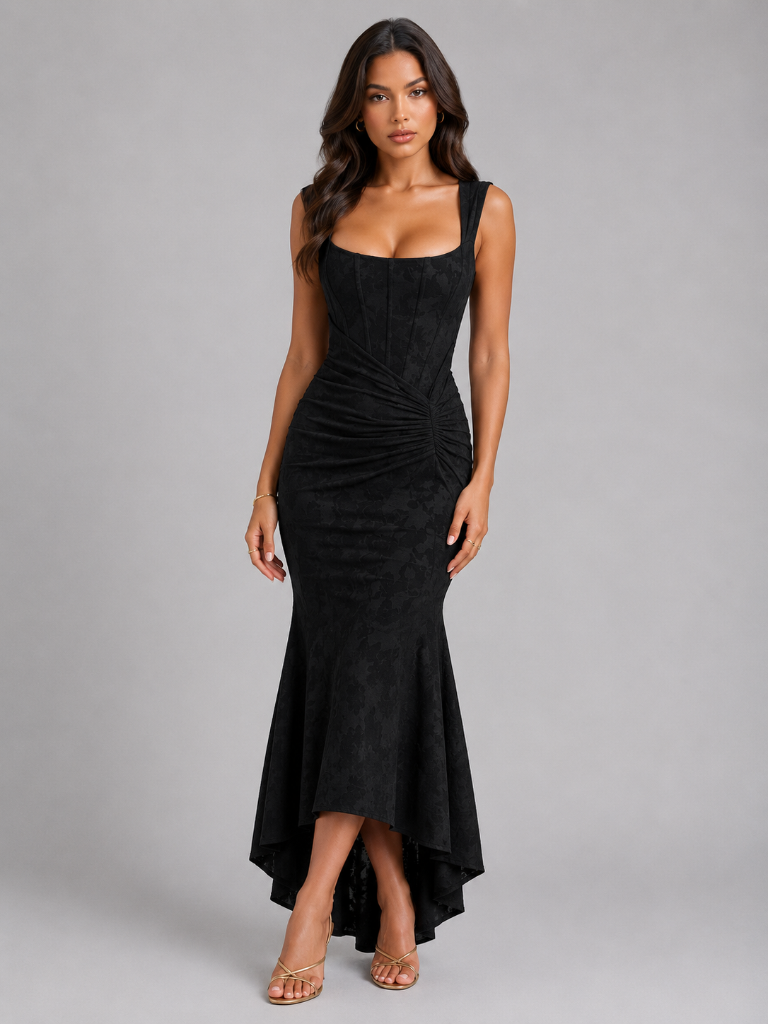 Black floral corset maxi dress, sleeveless square neckline with ruched waist and asymmetrical hem