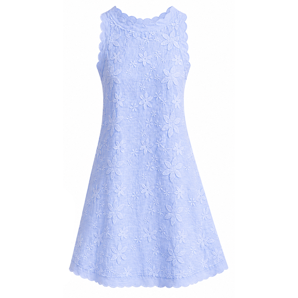 Light blue embroidered sleeveless mini dress with floral eyelet texture and scalloped hem