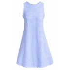 Light blue embroidered sleeveless mini dress with floral eyelet texture and scalloped hem